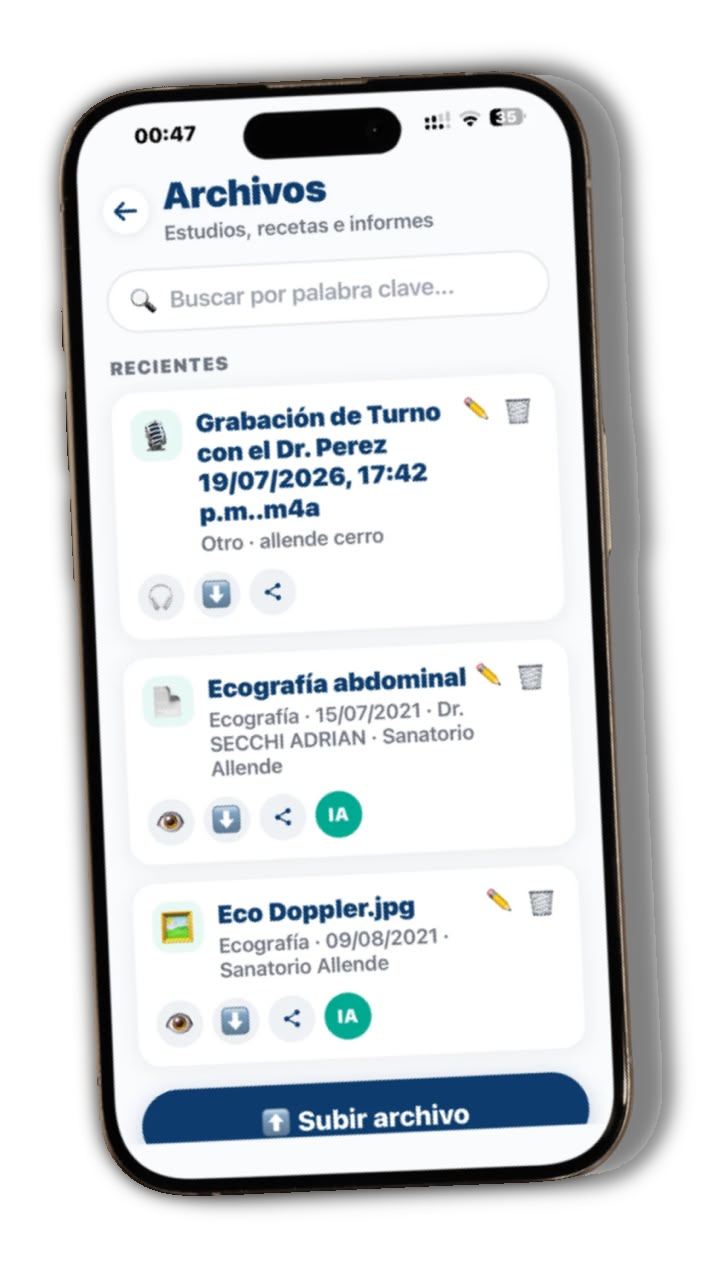 Pantalla de Últimos Estudios en MediTrack