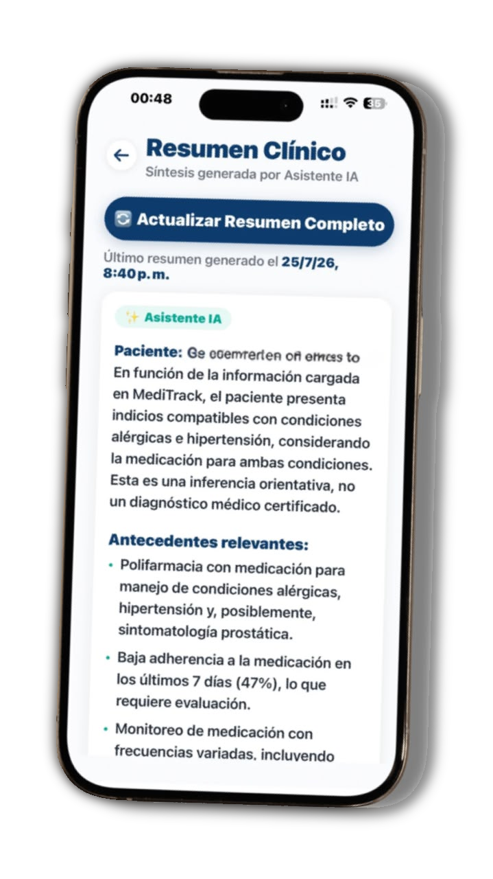 Pantalla de Resumen Clínico por IA en MediTrack