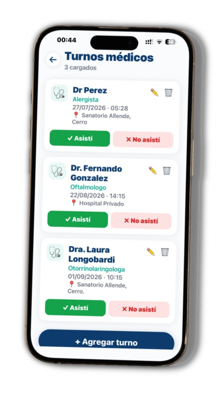 Pantalla de Turnos médicos en MediTrack